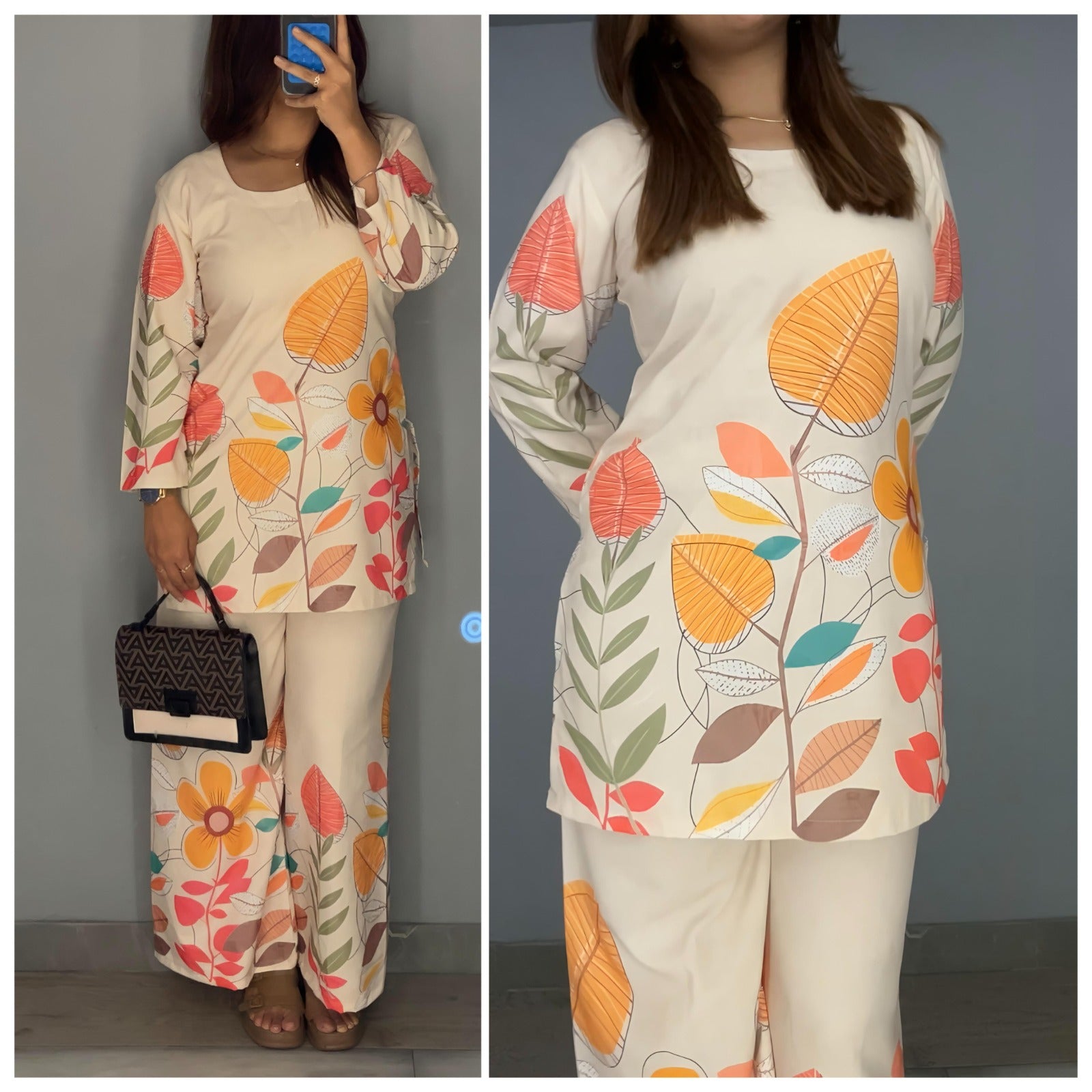 Botanic Bloom Co-ord Set – Ivory with Multicolor Leaves & Flowers