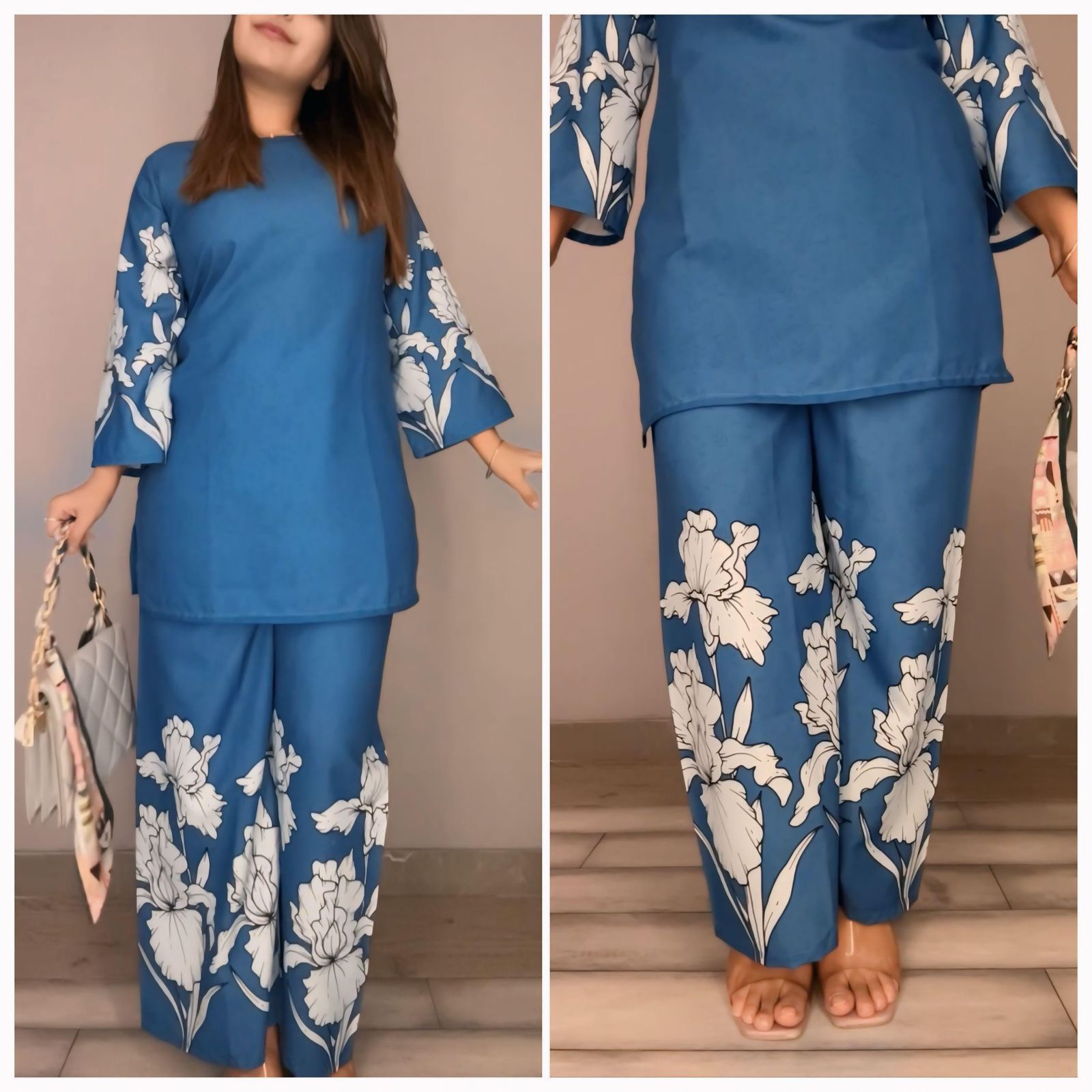 Blue Botanical Co-Ord Set | Cotton-Poly Blend