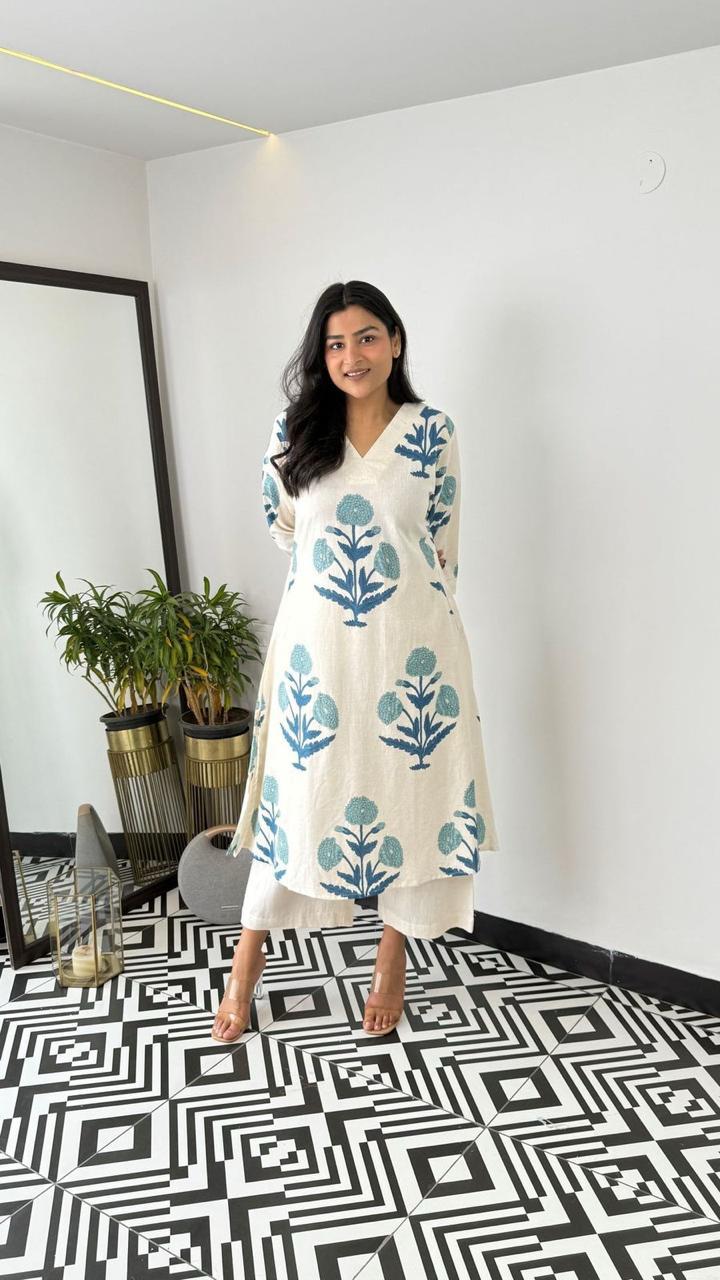 Aqua Bloom Handblock Kurta Set