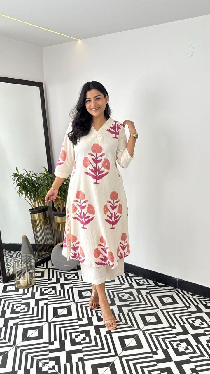 Aqua Bloom Handblock Kurta Set
