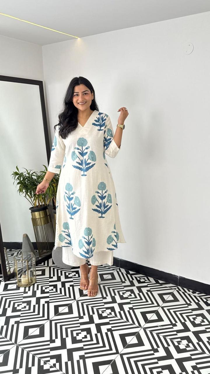 Aqua Bloom Handblock Kurta Set