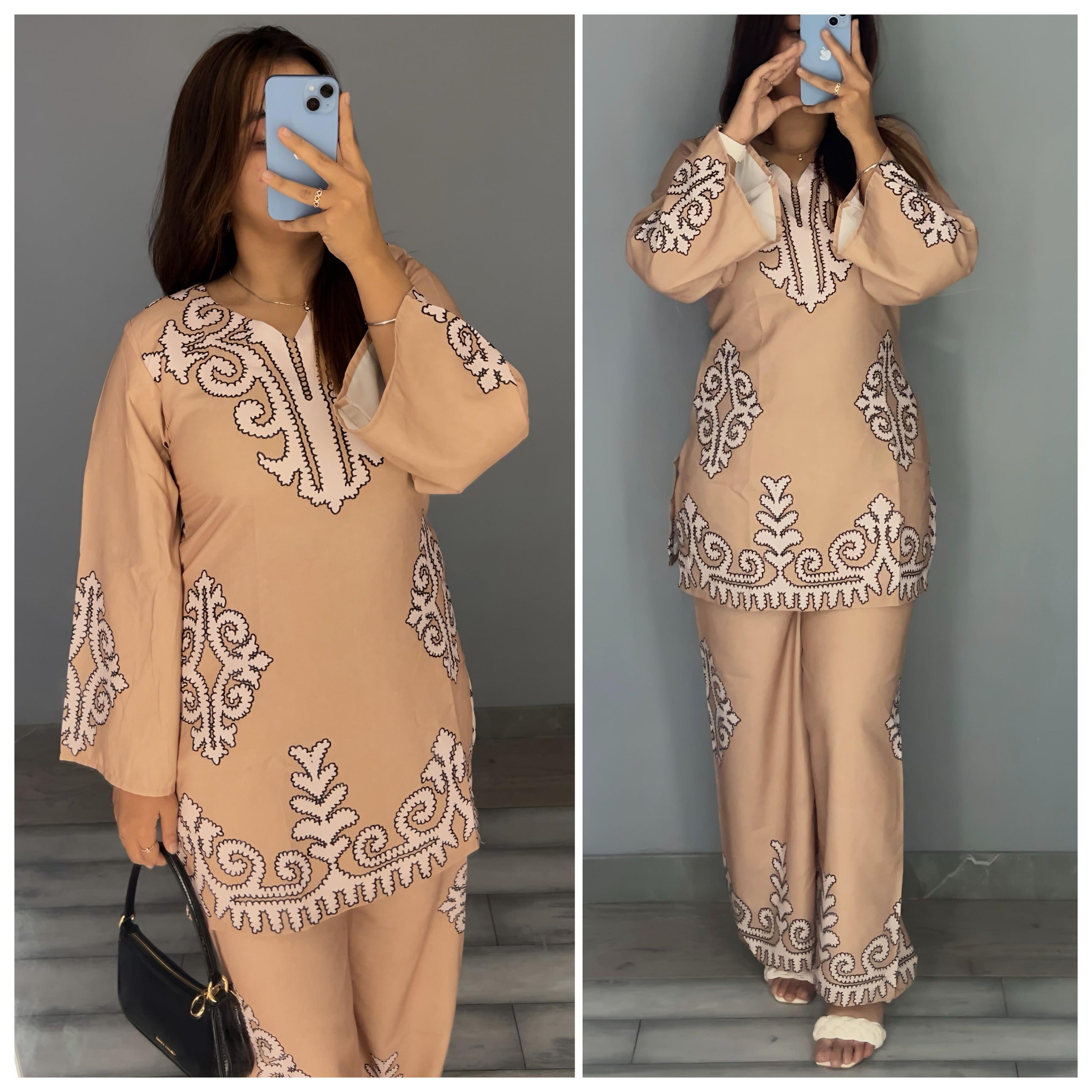 Elegant Embroidered Co-ord Set – Nude Beige