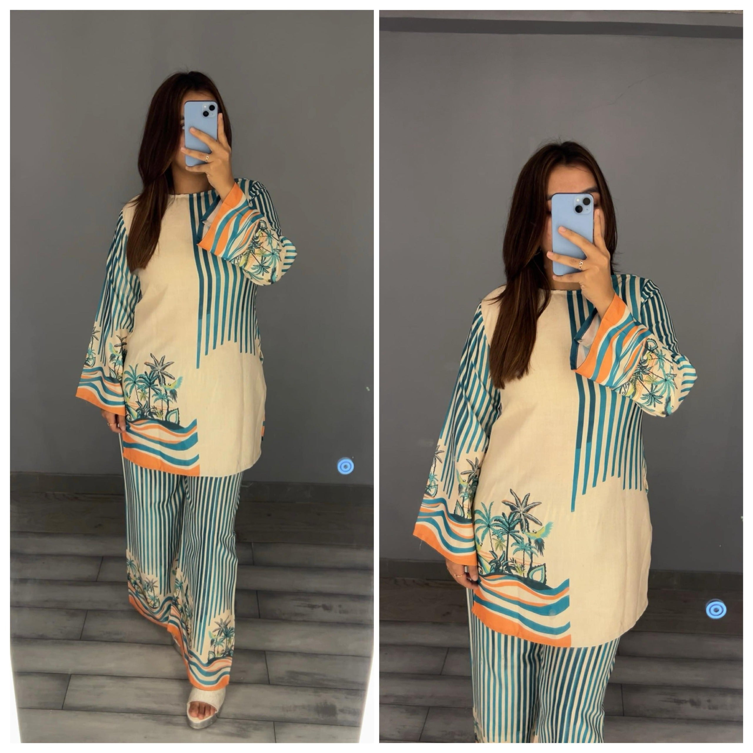 Coastal Breeze Co-ord Set – Beige, Teal & Orange