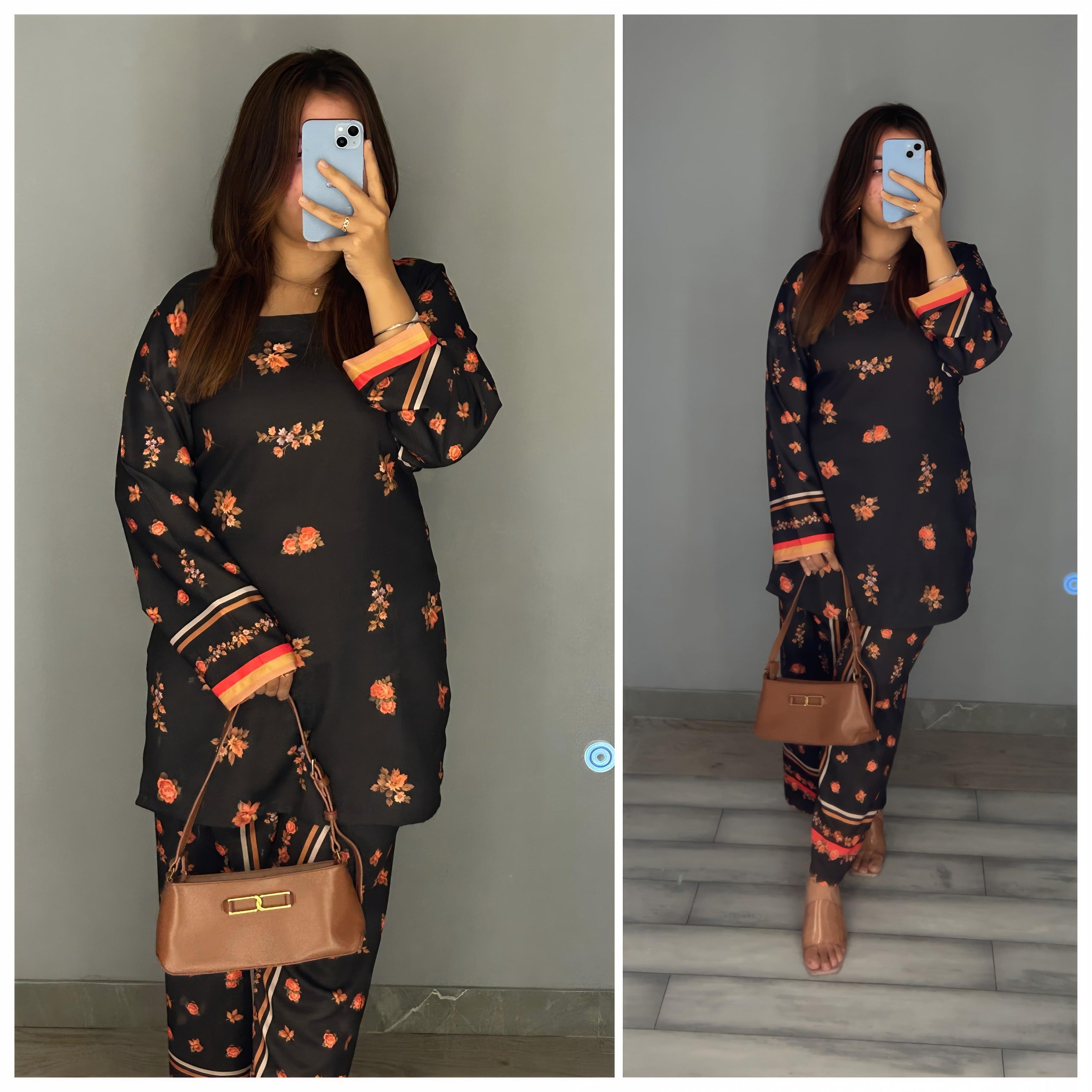 Midnight Bloom Co-ord Set – Black & Orange Floral