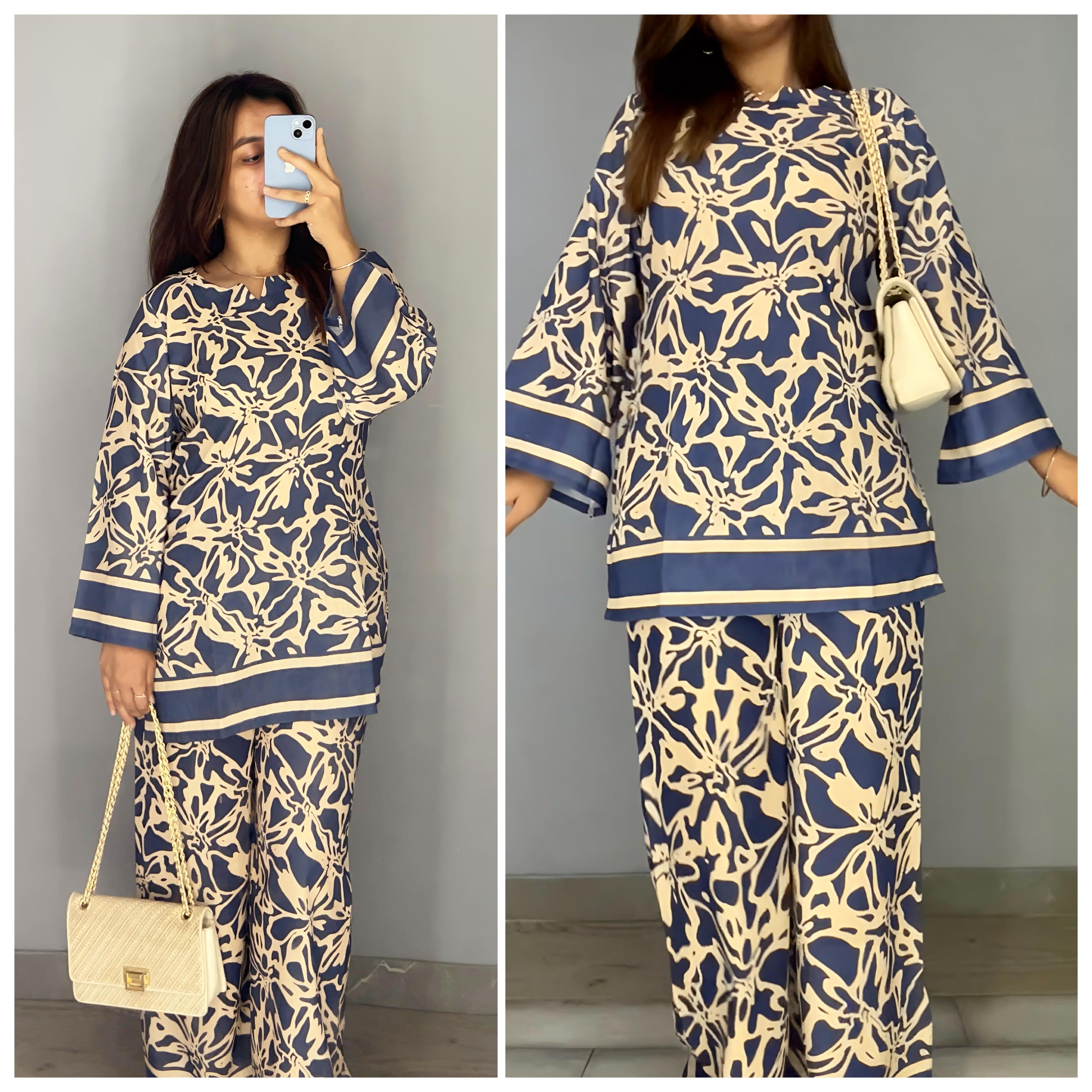 Ocean Drift Co-ord Set – Navy & Beige Abstract