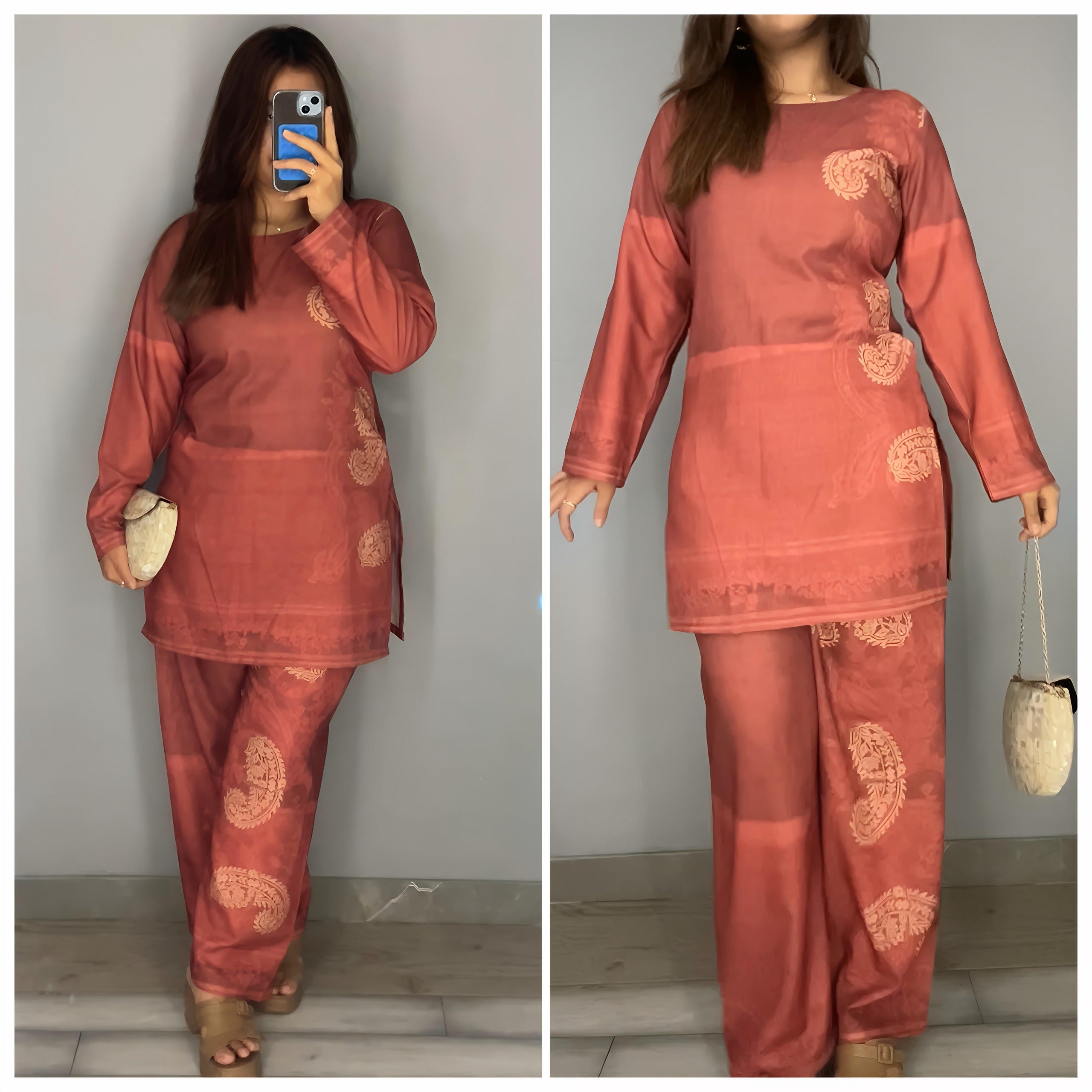 Terracotta Grace Co-ord Set – Rust Red with Subtle Embroidery