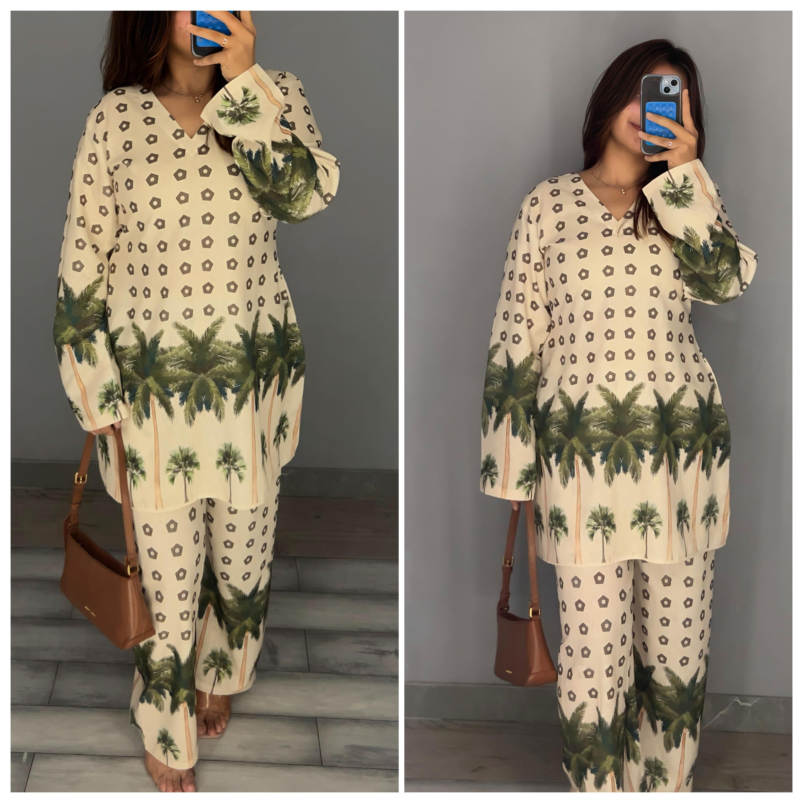 Tropical Palm Print Co-ord Set – Beige & Green